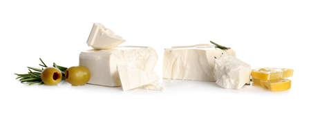 Feta cheese, rosemary and olives on white backgroundの写真素材