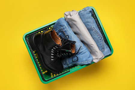 Shopping basket with shoes and clothes on color background
