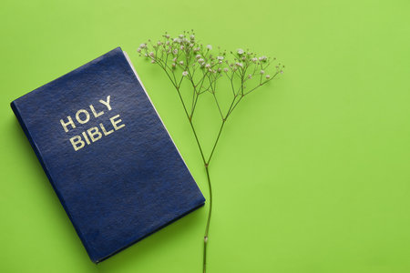 Holy Bible and flowers on color backgroundの写真素材