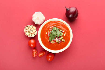 Bowl with tasty gazpacho and vegetables on color backgroundの写真素材