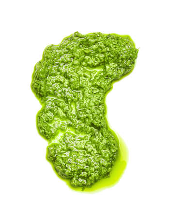 Smear of tasty pesto sauce on white background