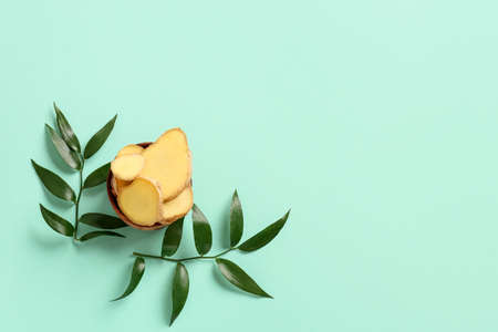 Composition with fresh ginger on color background