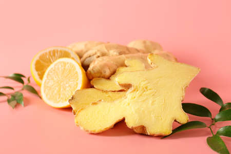 Composition with fresh ginger and lemon on color backgroundの写真素材