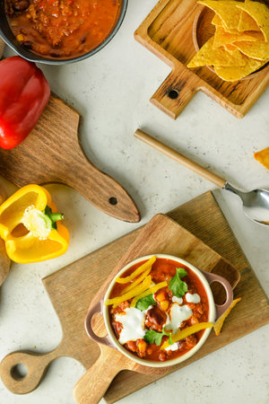 Pot with delicious chili con carne, pepper and nachos on light backgroundの写真素材