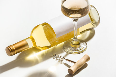 Bottle of exquisite wine, corkscrew and glass on light backgroundの写真素材