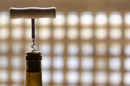 Bottle of exquisite wine and corkscrew, closeup