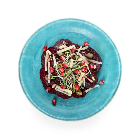Plate with delicious beetroot carpaccio on white backgroundの写真素材