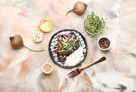 Composition with delicious beetroot carpaccio on grunge backgroundの写真素材