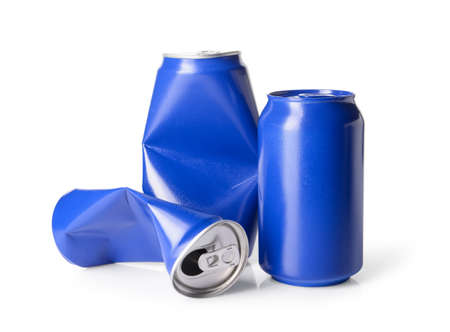 Metal cans of drink on white background