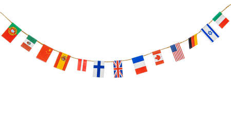 Garland with flags of different countries on white backgroundの写真素材