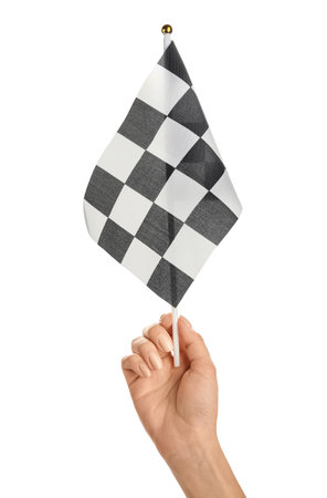 Female hand with racing flag on white backgroundの写真素材