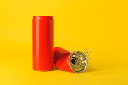 Cans of soda with flowers on color background