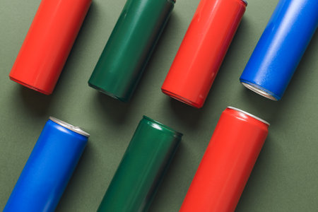 Cans of soda on color backgroundの写真素材