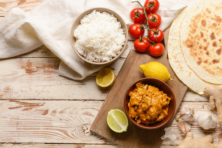Bowls of tasty chicken tikka masala and rice on tableの写真素材