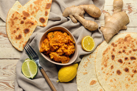 Bowl of tasty chicken tikka masala on tableの写真素材