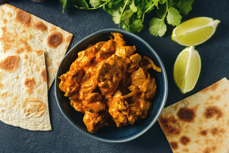 Bowl of tasty chicken tikka masala on dark backgroundの写真素材