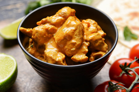 Bowl of tasty chicken tikka masala on tableの写真素材