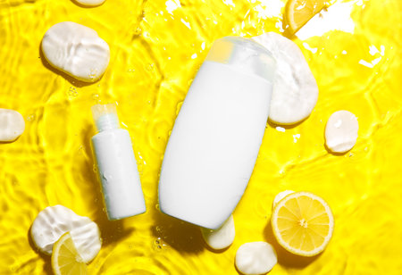 Bottles of cosmetic products, spa stones and lemon slices in water on color background