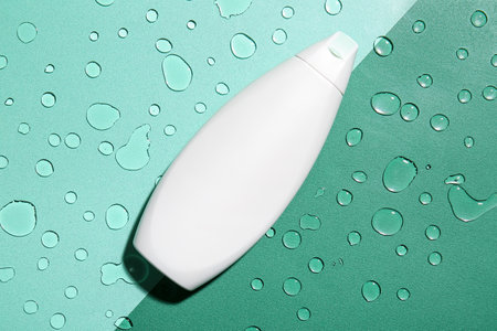Bottle of cosmetic product on color background with water drops