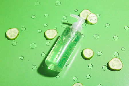 Bottle of cosmetic product and slices of cucumber on color background with water dropsの写真素材
