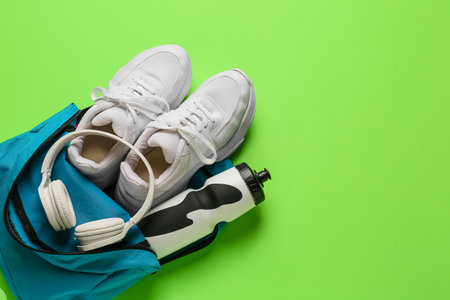 Backpack with sport shoes, bottle of water and headphones on color backgroundの写真素材