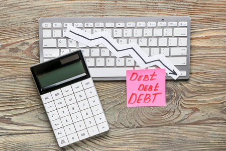 Word DEBT with calculator, computer keyboard and arrow on wooden backgroundの写真素材