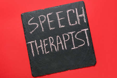 Chalk board with text SPEECH THERAPIST on color backgroundの写真素材