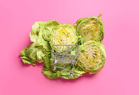 Shopping cart with fresh cut cabbages on color background
