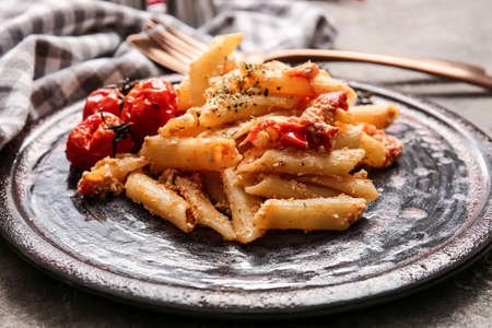 Plate with healthy pasta on table, closeupの写真素材