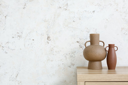 Vases on chest of drawers near light wallの写真素材