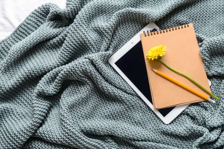 Stationery with flower and tablet computer on knitted plaidの写真素材