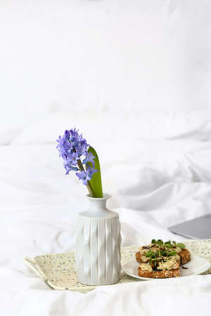 Tray with hyacinth flower and tasty breakfast on bed