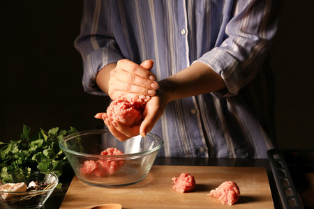 Woman preparing tasty cutlets made of fresh forcemeat on dark background, closeupの写真素材