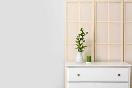 Chest of drawers with candle and eucalyptus branches near light wall