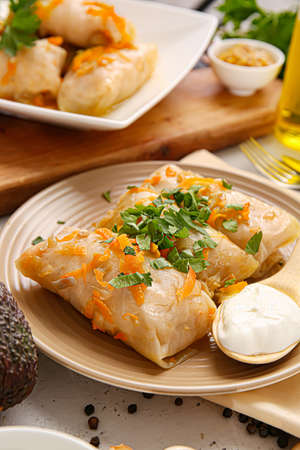 Plates with tasty stuffed cabbage rolls on light background