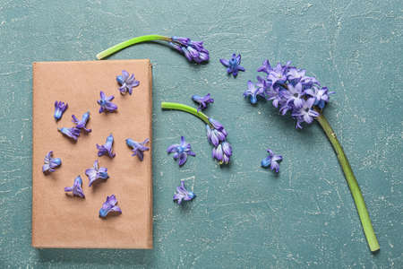 Beautiful hyacinth flowers and book on color backgroundの写真素材