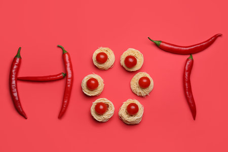 Word HOT made of chili peppers, tomatoes and pasta on red backgroundの写真素材
