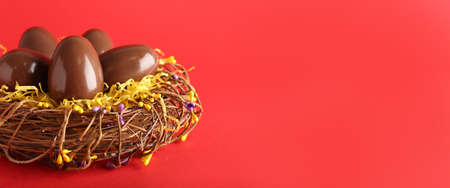 Nest with chocolate Easter eggs on red background with space for textの写真素材