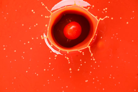 Falling of fresh tomato into juice on red backgroundの写真素材