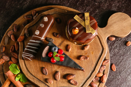 Board with delicious chocolate cakes and berries on dark backgroundの写真素材