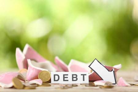 Word DEBT with broken piggy bank and coins on table outdoorsの写真素材