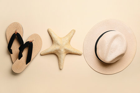 Stylish flip-flops, hat and starfish on color backgroundの写真素材