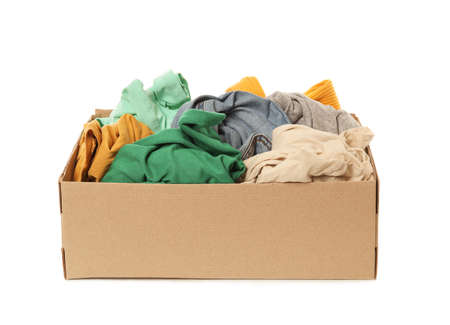 Wardrobe box with clothes on white backgroundの写真素材