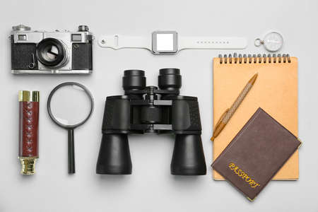 Set of travel items, smart watch and passport on white backgroundの写真素材