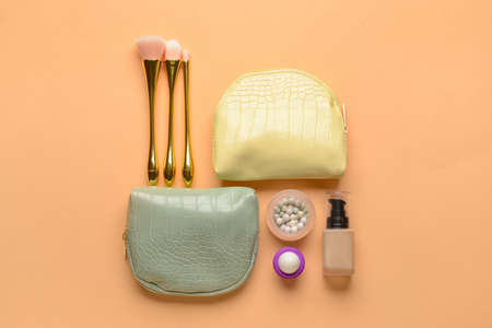 Stylish bags and decorative cosmetics on color background