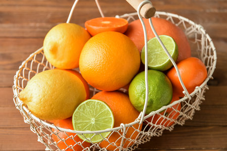 Basket with healthy citrus fruits on wooden backgroundの写真素材