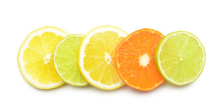 Healthy citrus fruit slices on white background