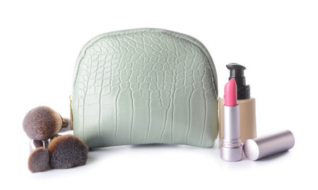 Stylish bag and decorative cosmetics on white backgroundの写真素材