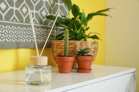 Aroma reed diffuser on chest of drawers in roomの写真素材