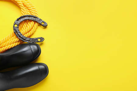 Boots with horseshoe and rope on color backgroundの写真素材